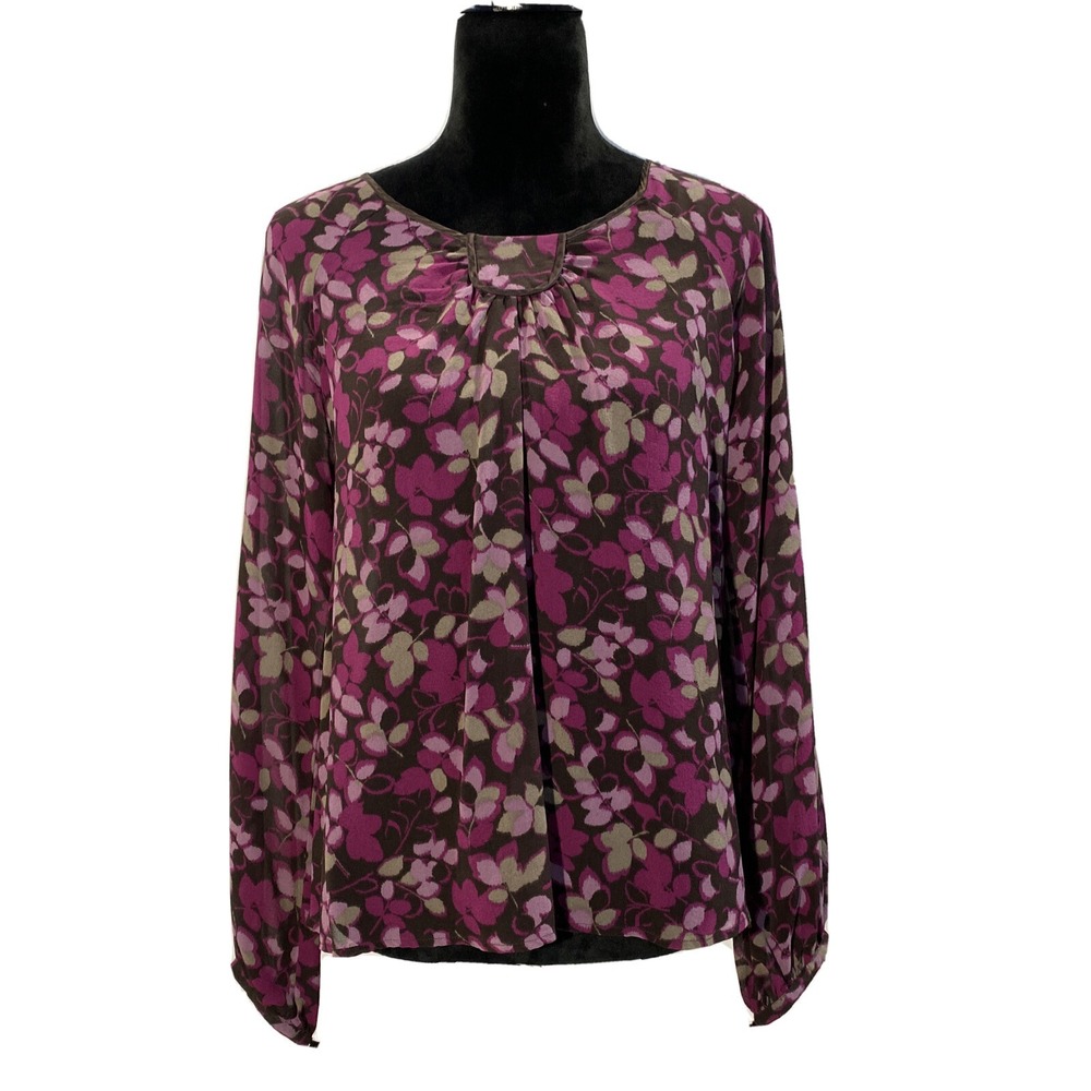 J.Jill Top SMALL 100% Silk Black Purple Gray Leaves Blouse Sheer‎ Peasant